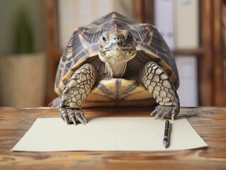 A tortoise in a suit with a briefcase walking to work