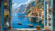 © growth.ai - Mediterranean scene framed by an open window: a tranquil harbor, colorful fishing boats, and sun-drenched cliffs