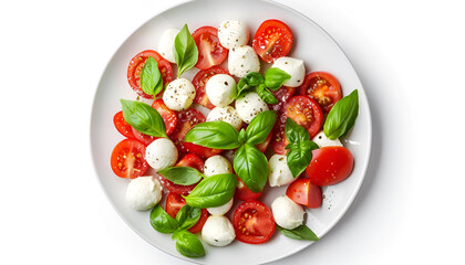 Wall Mural - Plate of tasty salad Caprese with tomatoes, mozzarella balls and basil isolated on white, top view