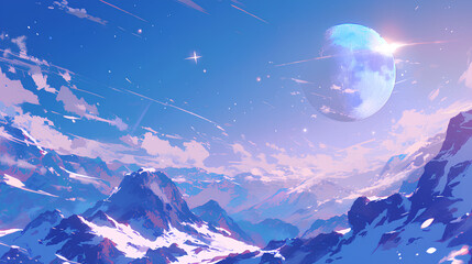 Wall Mural - View of high mountains and fantasy moon