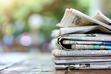 Stack of newspapers with latest headlines on wooden table for news and information gathering