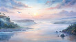 © Woonsen - An expansive panorama of a serene coastal inlet bathed in the soft light of dawn, with mist hovering above the tranquil waters and seabirds gliding gracefully overhead