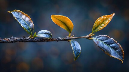 Wall Mural -   A tree with two leaves in a blue, yellow, and green blurred background