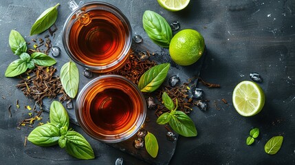 Wall Mural -  A cup of tea with limes and mints on a slate countertop