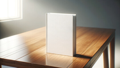 Wall Mural - A blank book mock-up on a wooden table, with a clean design, against a softly lit background, ideal for branding presentations. Generative AI