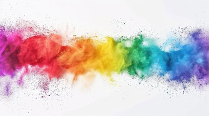 Dynamic horizontal rainbow powder splash composition, featuring an explosion of vibrant colors against a blank white canvas. 