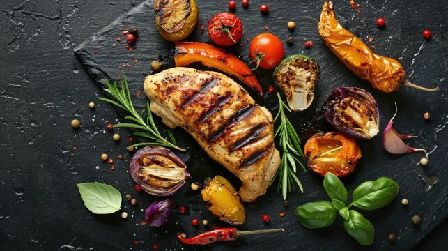 Grilled chicken fillet with roasted vegetables on a black stone background, restaurant dish, flat lay