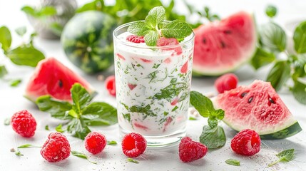 Wall Mural -   A glass full of yogurt, raspberries, mint leaves, and watermelon resting on a pristine white background