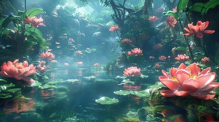 Wall Mural -   A verdant forest surrounded by a tranquil pond brimming with water lilies