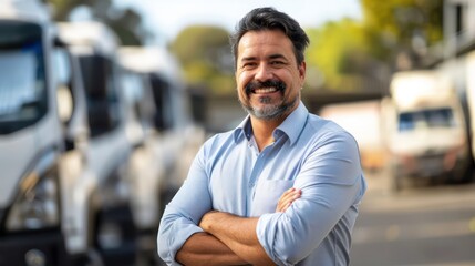 Wall Mural - Portrait of a confident Hispanic salesman with arms crossed, exuding professionalism and expertise in truck sales.