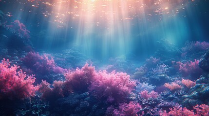 Wall Mural -   A vibrant underwater photo showcases sunlight filtering through the water while corals flourish beneath it