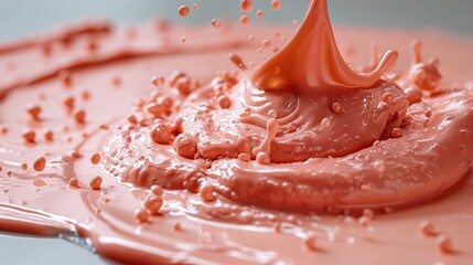 Wall Mural -   A close-up of a pink liquid splashing onto a white plate, with droplets of water in the background