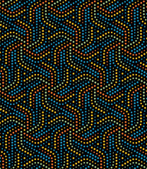 Wall Mural - Seamless abstract geometric pattern with dotted spiral lines. Ethnic tribal style with green, yellow, and blue small dots on a black background. Decorative vector illustration.