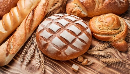 Wall Mural - Organic Bakery Scene: Fresh White Wheat Loaf and French Baguette on a Wooden Board