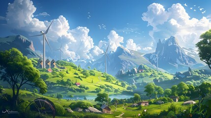 Poster - A panoramic landscape with snow-capped alpine peaks, green valleys, and a clear blue summer sky with fluffy white clouds