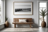Fototapeta  - wooden bench against white wall with poster frame