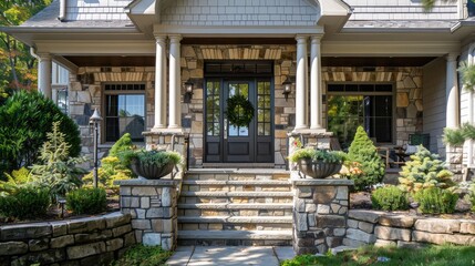 Wall Mural - Classic home  front entrance with landscaped yard and brick path,shingle style home with stone steps leading to entrance, House that combines classic and modern elements
