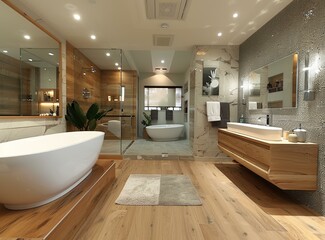 Sticker - Spacious Modern Bathroom Interior with Bathtub, Shower and Wooden Floor