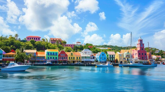 A panoramic view of a scenic coastal town with colorful buildings, boats, and a vibrant harbor, inviting viewers to explore and relax