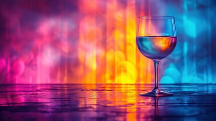 Wall Mural -  Brightly lit table with a glass of wine in front of an enchanting background, reflecting the delicate details of the glass in the foreground