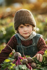 Wall Mural - the child is picking beets. Selective focus