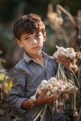 Wall Mural - a child collects garlic. Selective focus