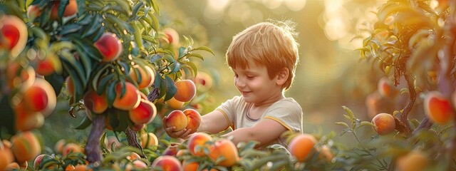 Wall Mural - the child is picking peaches. Selective focus