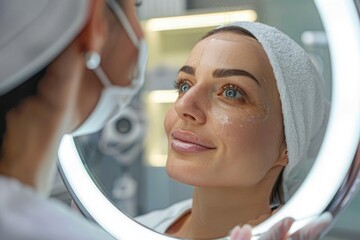 Wall Mural - A patient examining her face with visible satisfaction after a hyaluronic acid facial rejuvenation procedure