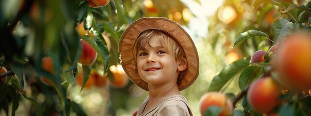 Wall Mural - the child is picking peaches. Selective focus