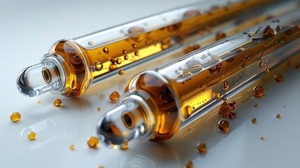   A close-up photo of two transparent glass tubes filled with liquid and glittering gold flakes on a white background