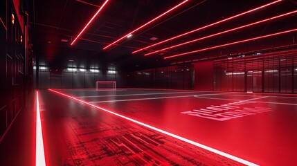 Wall Mural - A modern multi-purpose sports hall with a football pitch and an illuminated LED floor. The hall is dark and only the red LEDs light up.