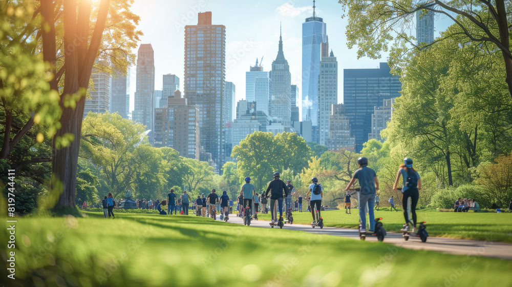 A sunny day in the park with people enjoying leisure activities, framed ...