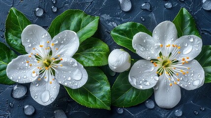 Wall Mural -   Two white flowers with green leaves on a dark blue background