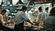 © VK Studio - Busy chefs and cooks working in a bustling professional restaurant kitchen.