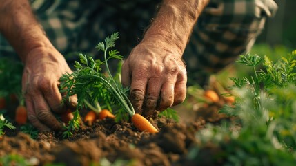 Poster - a farmer harvests carrots. Selective focus
