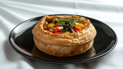 Wall Mural - Savory venezuelan vegetable pie on a black plate, garnished with fresh herbs, set against a white tablecloth background