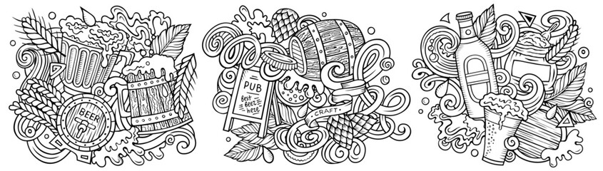 Wall Mural - Beer fest cartoon vector doodle designs set. Sketchy detailed compositions with lot of Oktoberfest objects and symbols. Isolated on white illustrations. Food and Drink banner