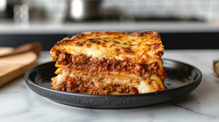 Wall Mural - Authentic venezuelan lasagna with layers of pasta, rich meat sauce, and melted cheese presented on a black plate, ready to serve