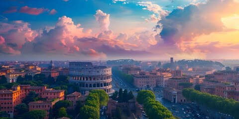 Wall Mural - Aerial view of Colosseum in Rome with traffic fluffy clouds cityscape in frame. Concept Travel Photography, Aerial Views, Ancient Architecture, Urban Landscapes, Cloud Formations