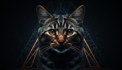  A dark and mysterious cat with glowing eyes stares at you from the center of a glowing triangle. The cat's fur is black as night, and its eyes are a deep, piercing yellow