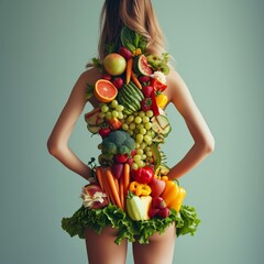 Figure of a girl made from vegetables and fruits, promotion of healthy eating, Generative AI.