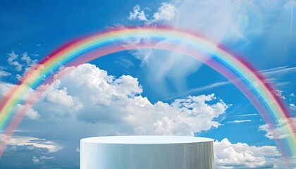 Wall Mural - white podium with blue sky background and rainbow in the clouds