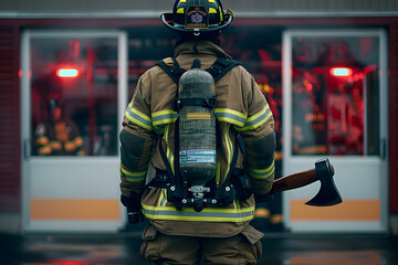 Firefighter in Full Protective Gear Holding Axe at Station Candid Workplace Photography