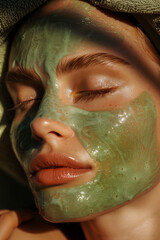 Wall Mural - close up spa studio woman detail using moisturizing hydration green face mask hyaluronic acid serum,