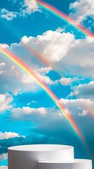 Wall Mural - white podium with blue sky background and rainbow in the clouds