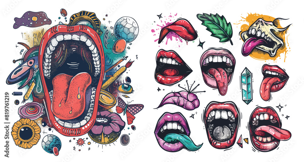 The collage element features a mouth with tongue and a doodle element ...