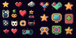 © Zaleman - Retro video game icon, arcade button, digital console 8-bit interface, pixels heart, bomb, star, menu buttons controller item.
