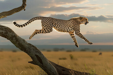 Canvas Print - A cheetah jumps from a tree branch in the savannah