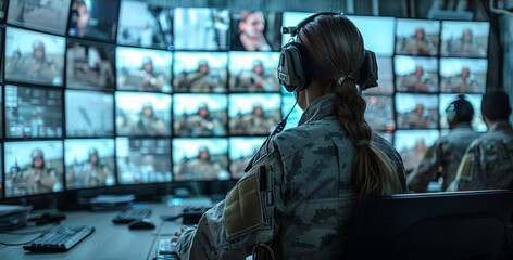 Fototapete - In the central office, Control and Monitoring for managing national security, military surveillance officers use computer screens. Generative AI.