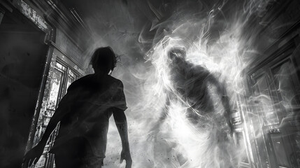 Wall Mural - A man is standing in front of a ghostly figure, ghoust, halloween concept